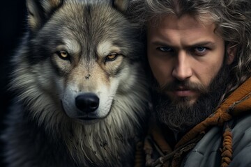 Rugged man with wolf in dark wilderness