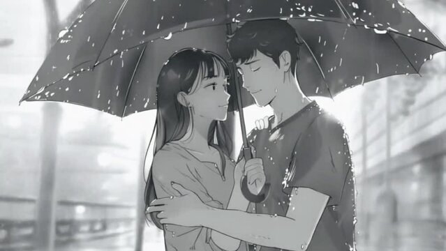A couple snuggles under an umbrella, walking through the rain to the tune of soothing lo-fi beats, Lofi 2D Japanese anime-style 4k animation video
