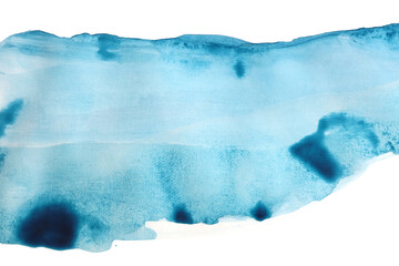 Ink watercolor hand drawn pour flow stain blot. Blue Wave on wet white paper texture background.