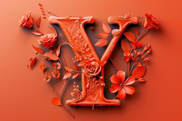 3D Render Letter Y with Engraved Flowers on Orange Background