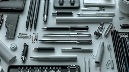 Fototapeta premium Subtly incorporates everyday stationery items as pens and paper clips. top view. Generative AI.