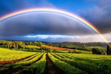 Stunning rainbow over lush green countryside landscape