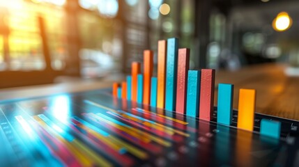 Colorful bar graph displaying financial growth and profitability against an abstract office background