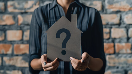 a person holding a cutout of a house with a question mark in the center. This visual symbolizes uncertainty or questions related to housing