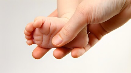 Close-up of adult hand holding a child's hand, symbolizing care and protection. Gentle touch, family concept. High-quality stock image. AI