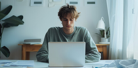 A creative modern man sitting in front of laptop, working on one desk, in an isolated white room, with invoices on their desks. Generative AI.