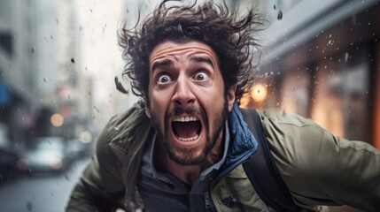 man with shocked expression in the rain