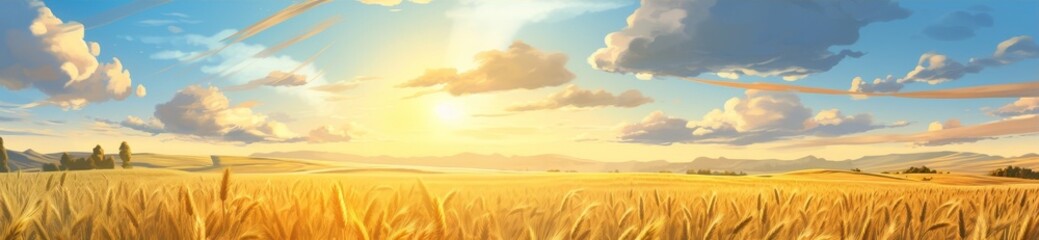 Obraz premium Scenic golden wheat field under dramatic sky at sunset