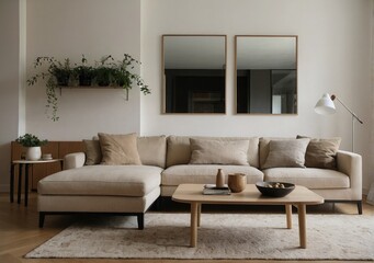 Fototapeta premium Inviting Living Room Warm Colored Furniture , couch and chair in a living room, bay window, apartment