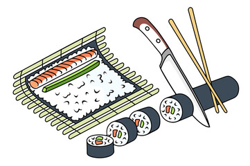 Sushi cooking, fish, avocado, rice and nori sheet on the mat. Cutting sushi rolls with knife and chopsticks, illustration