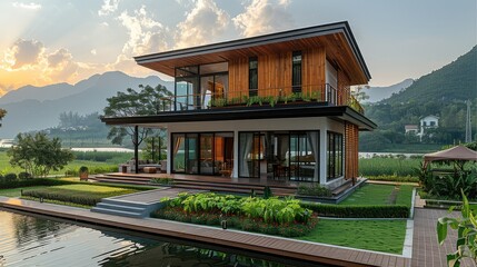 Obraz premium A beautiful modern two-story house with wooden walls and roof, surrounded by green grass near the water in Thailand. with a terrace for a vegetable garden and green mountains behind. Generative AI.