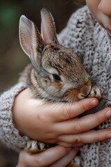a child plays with a small rabbit in nature
