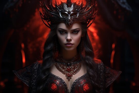 Fierce dark fantasy warrior queen in dramatic red and black costume