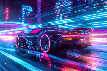 Naklejka premium Rear view of futuristic car with motion speed neon light