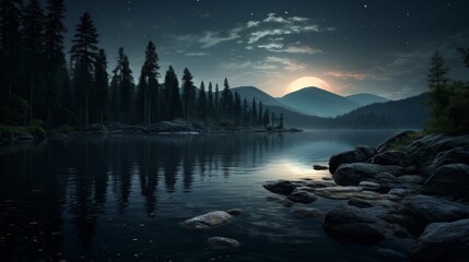 Serene mountain lake at night