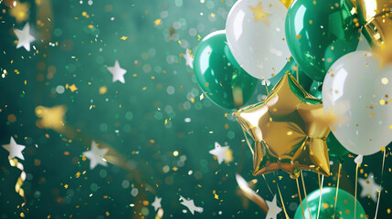 Celebration party banner background with green, gold white balloons, carnival, festival or birthday balloon green background
