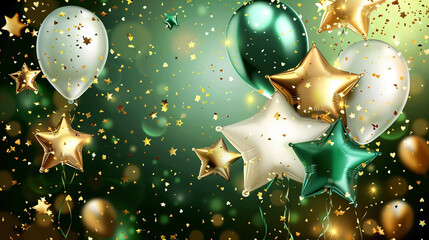 Celebration party banner background with green, gold white balloons, carnival, festival or birthday balloon green background