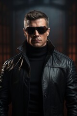 Fototapeta premium Mysterious man in black leather jacket and sunglasses
