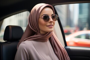 elegant woman in hijab and sunglasses sitting in car