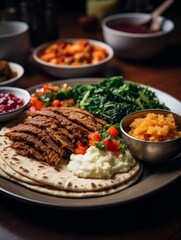 Delicious Middle Eastern Meal with Grilled Meat, Vegetables, and Dips