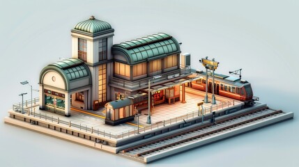 Simple 3d isometric view of a train station. Generative AI.