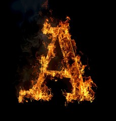 Fiery Letter A Ignited in Flames Isolated on Black Background. Burning Alphabet Symbol, Heat Concept. Fire Typography, Graphic Design Element. AI