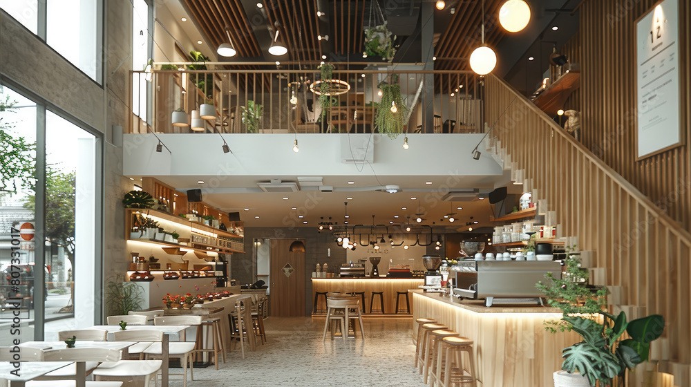 Poster Modern and simple cafe, with double-height space on the second floor. Generative AI.
