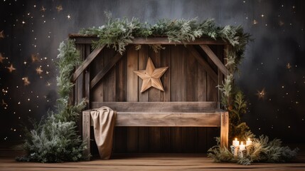 Rustic Christmas nativity scene with wooden manger and star