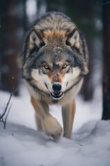 Naklejka premium Fierce wolf in snowy forest