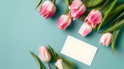 Elegant Pink Tulips Arranged on a Teal Background Surrounding a Blank Card. Perfect for Spring Celebrations and Invitations. Serene Floral Concept. AI