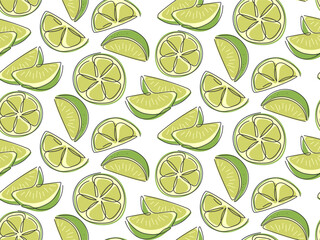 Lime slices seamless pattern. Abstract doodle outline green citrus. Exotic tropical fruit. Mojito, detox drink, lemonade background