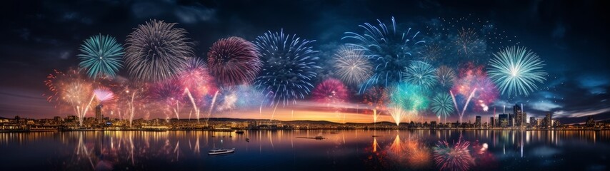 Fototapeta premium Vibrant fireworks display over a city skyline
