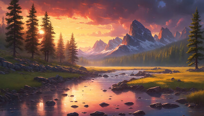 A beautiful mountain stream with a sunset in the background. The stream is surrounded by rocks and pine trees, creating a serene and picturesque scene.