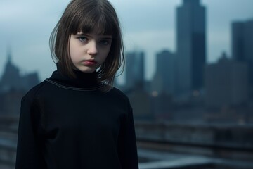 Obraz premium Serious young girl in black coat looking at camera