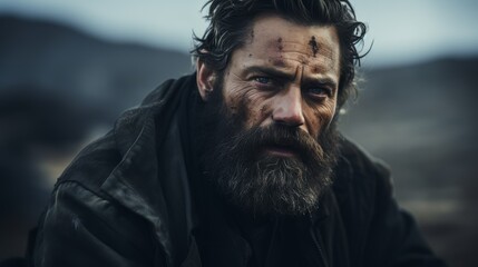 Fototapeta premium Rugged bearded man with weathered face in the wilderness