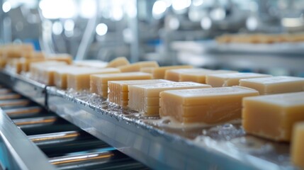 Various types of cheese on a moving conveyor belt, suitable for food production concepts