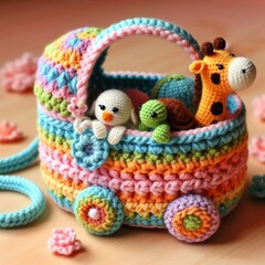 knitted toy stroller with animals