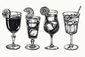 Simple line drawing of four different types of drinks. Suitable for various design projects