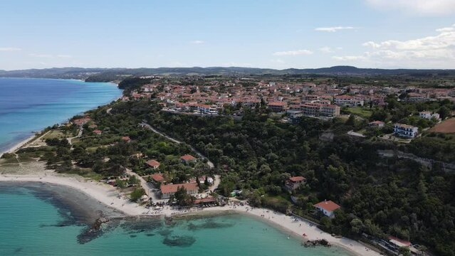 Aerial drone view on beach and sea in Afytos greece holiday and vacation concept