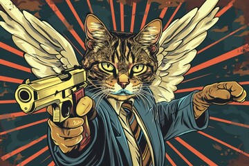 A cat dressed as an angel holding a gun. Suitable for various creative projects
