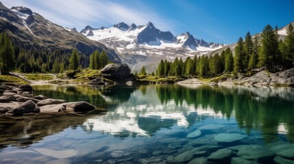Serene mountain lake with snow-capped peaks