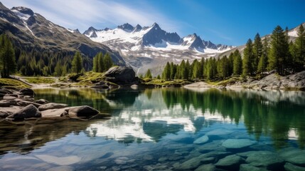 Naklejka na ściany i meble Serene mountain lake with snow-capped peaks