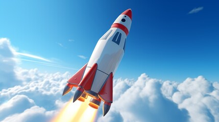 Illustration of a space rocket launching into the blue sky with clouds