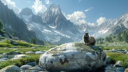 In the foreground is a small round stone, a marmot next to it, and in the background are the towering mountains in the distance. Generative AI.