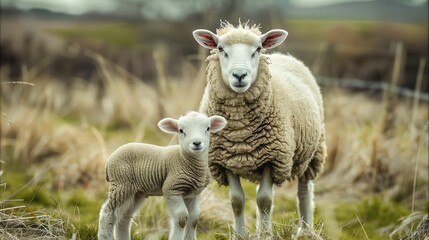 Obraz premium A ewe and her lamb are standing in the grass. Generative AI.