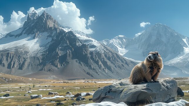 In the foreground is a small round stone, a marmot next to it, and in the background are the towering mountains in the distance. Generative AI. - Powered by Adobe