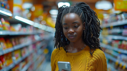 African American Woman Shopping in Grocery Store, Checking List on Smartphone