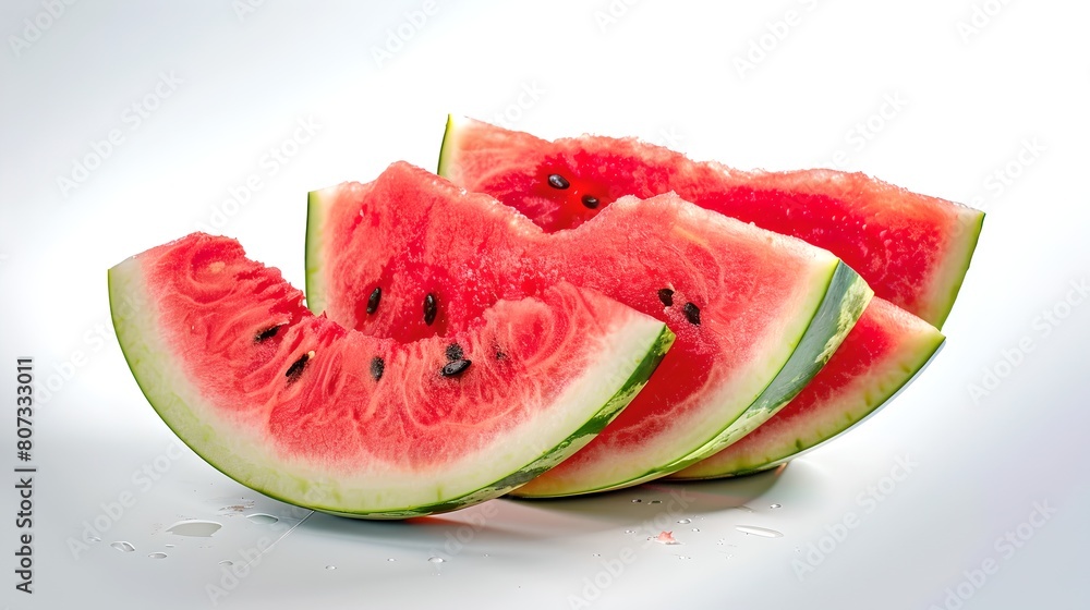 Sticker Fresh watermelon slices on a light background, ripe and juicy. Perfect for summer refreshment and healthy diets. Vibrant colors captured in a minimalistic style. AI