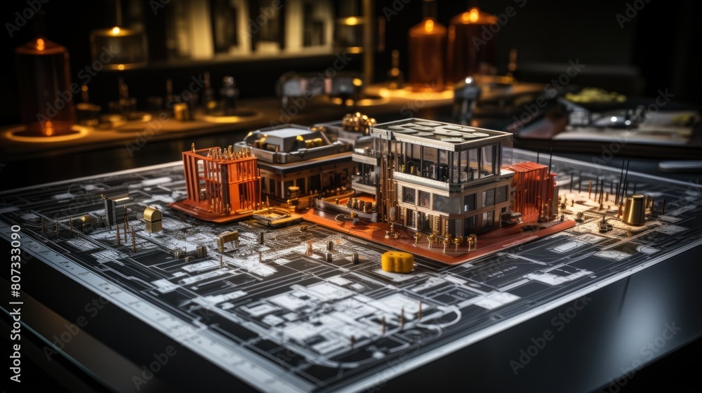 Poster detailed architectural model and blueprints on a dark table with ambient lighting