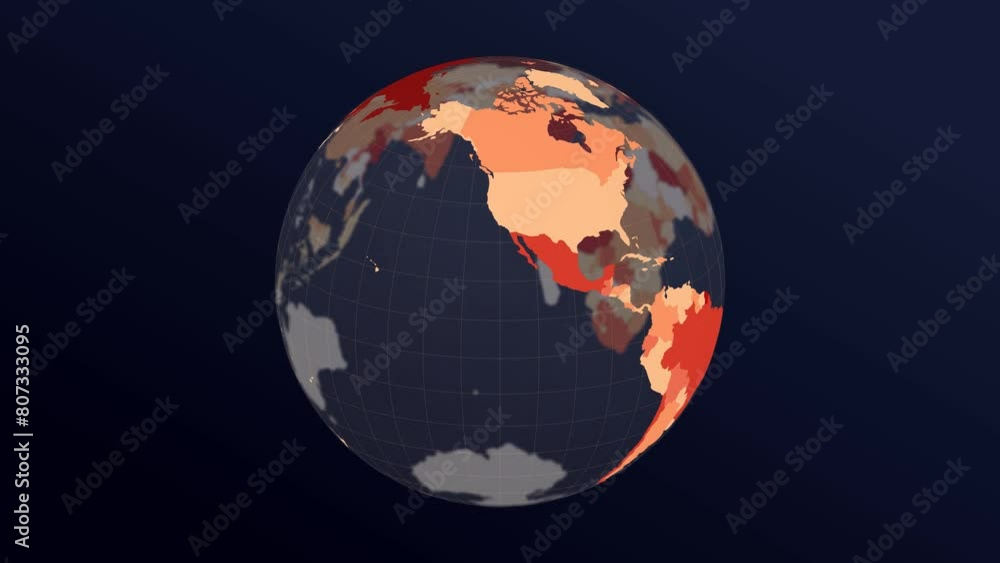 Poster the globe with world map. dark translucent earth planet in orange and red colors rotating. the secon